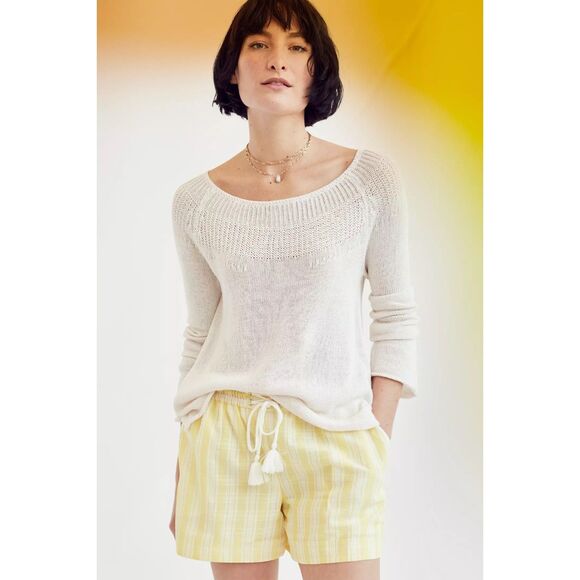 Anthropologie Elevenses Tasseled Dobby Tie Waist Shorts in Yellow & White Stripe - Picture 3 of 11